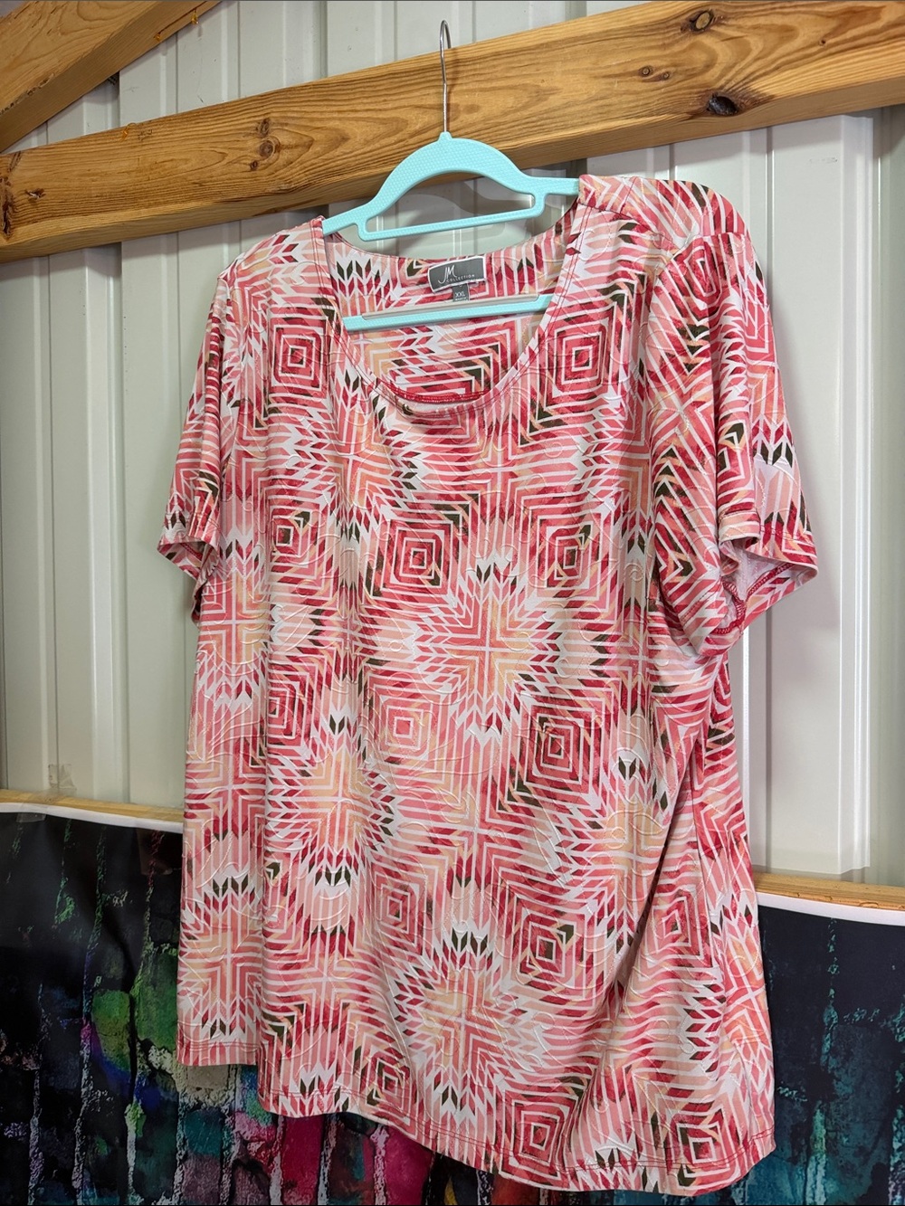 JM Collection Pink and Cream Geometric Short Sleeve Top